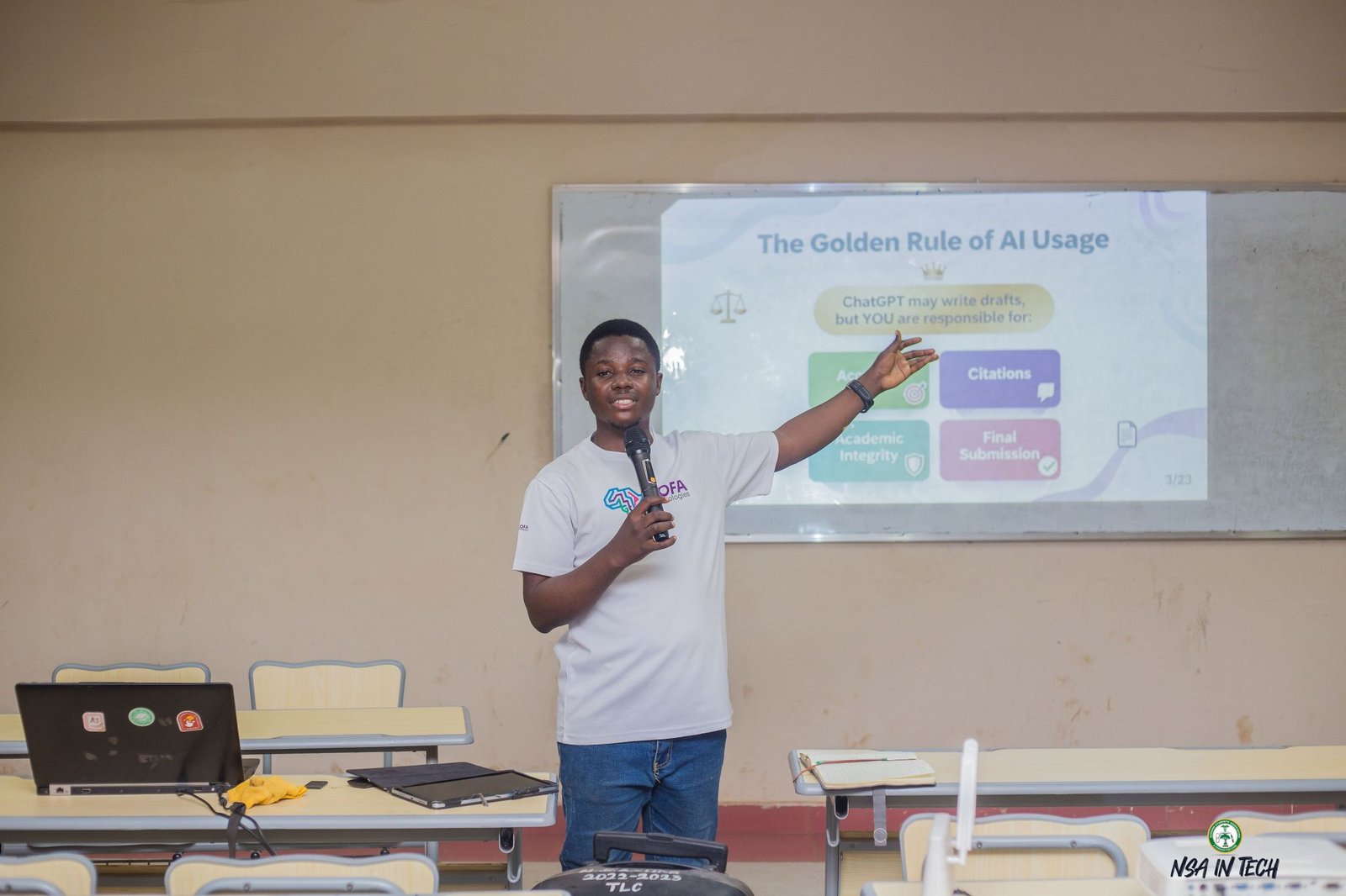 A GOFA facilitator presenting a slide about responsible AI use.